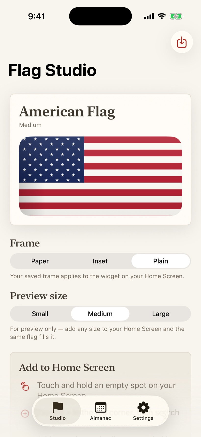 The FlagPole Studio screen: a preview of the American Flag widget above the Frame and size controls.